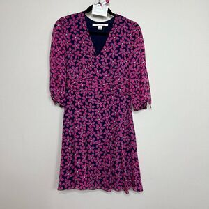 Diane von Furstenberg Silk Blue Pink Floral Pleated Fit & Flare Dress Size 2
